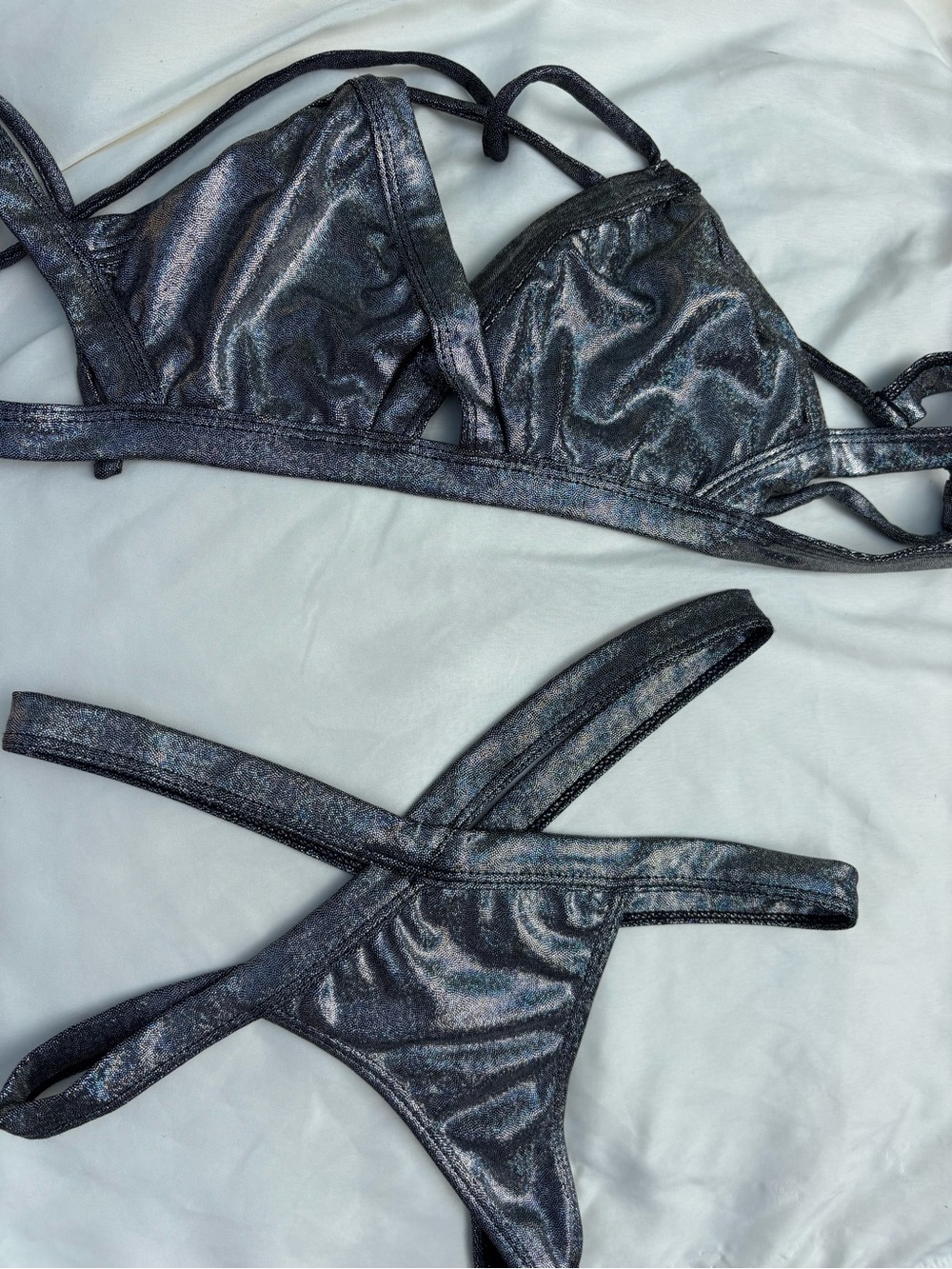 Gunmetal Metallic Triangle Bikini Top & Strappy Bottom
